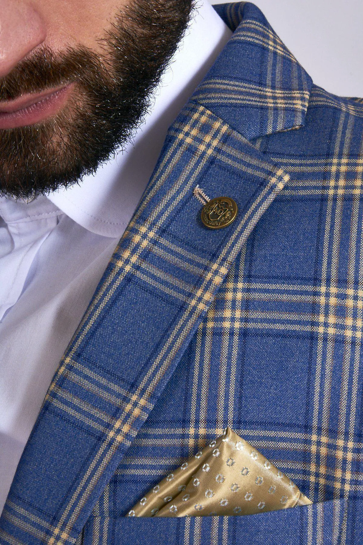 TONY - Blue Yellow Check Suit With Single Breasted Waistcoat