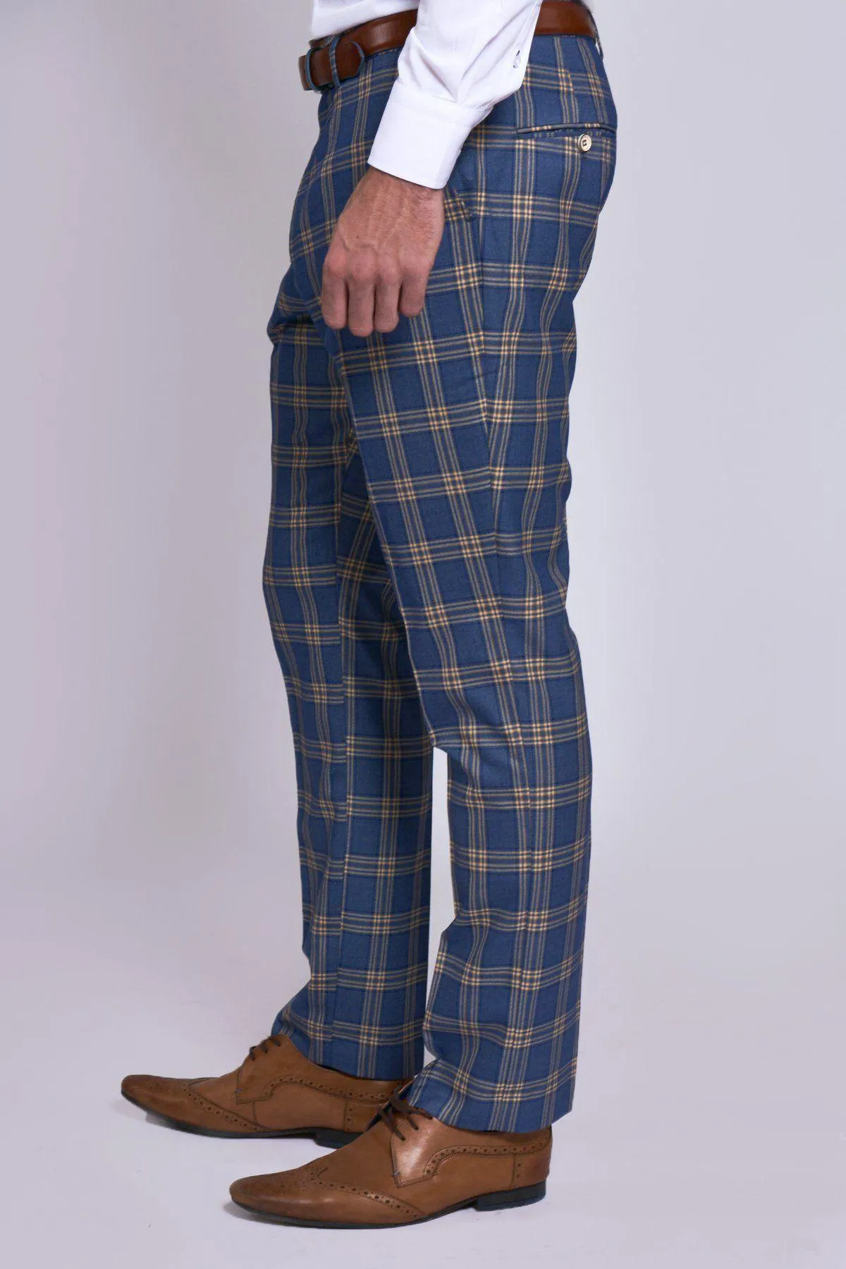 TONY - Blue Yellow Check Suit With Single Breasted Waistcoat