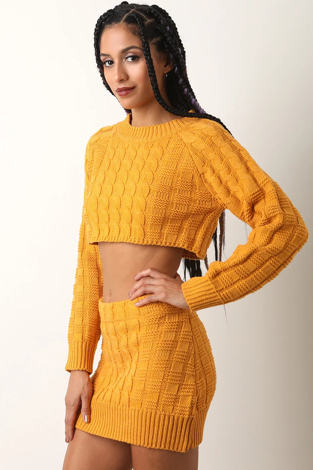 Two-Piece Square Cable Knit Crop Sweater with Mini Skirt Set