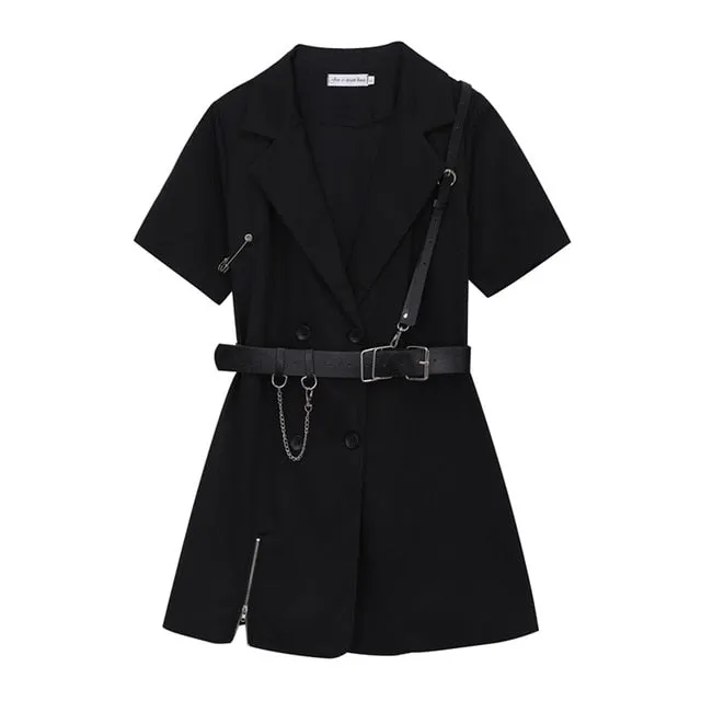 VenusFox Gothic Punk Black Blazer Dress Short Sleeve 2021 Summer High Waist With Belt Streetwear Fashion Harajuku Goth Dress Girl