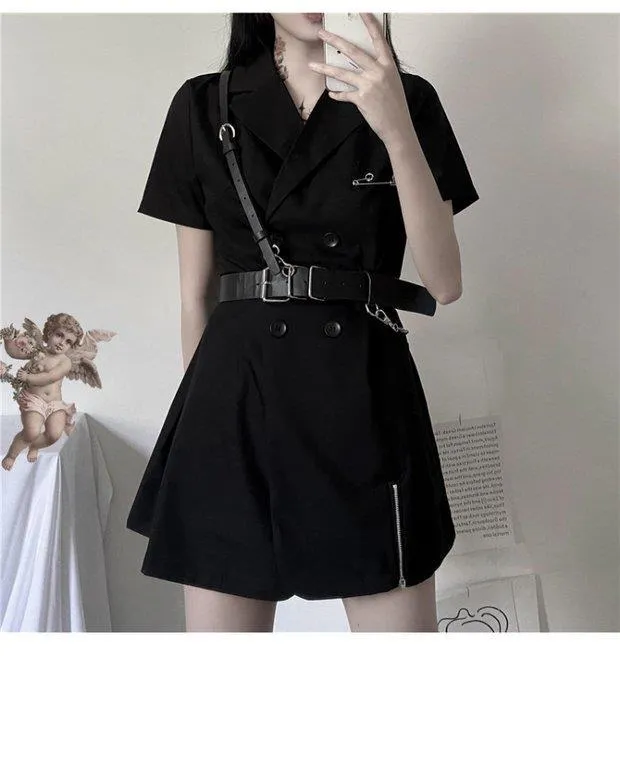 VenusFox Gothic Punk Blazer Dress Women Summer Streetwear Goth Harajuku Korean Fashion Black Mini Dress Staple Short Sleeve