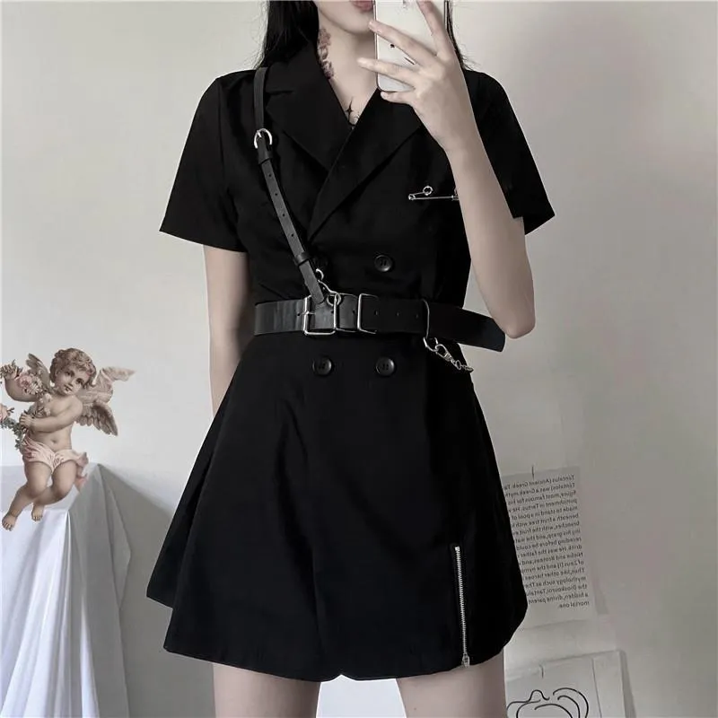 VenusFox Gothic Punk Blazer Dress Women Summer Streetwear Goth Harajuku Korean Fashion Black Mini Dress Staple Short Sleeve