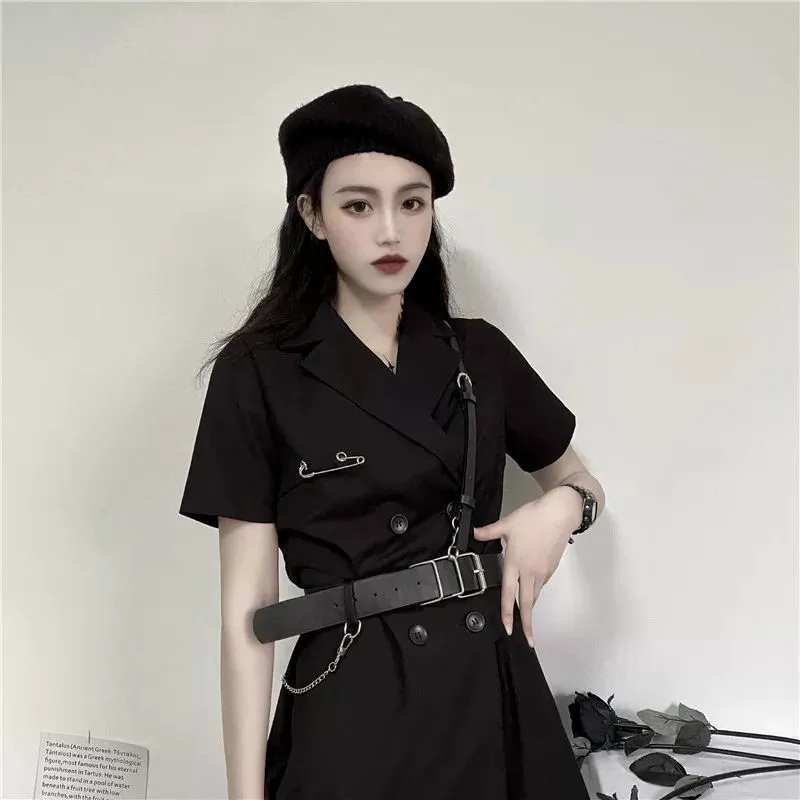 VenusFox Gothic Punk Blazer Dress Women Summer Streetwear Goth Harajuku Korean Fashion Black Mini Dress Staple Short Sleeve