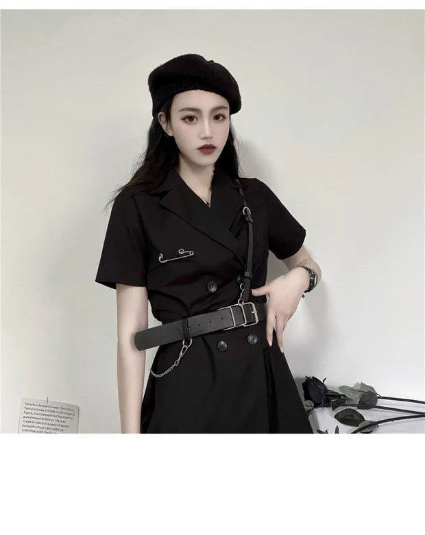 VenusFox Gothic Punk Blazer Dress Women Summer Streetwear Goth Harajuku Korean Fashion Black Mini Dress Staple Short Sleeve