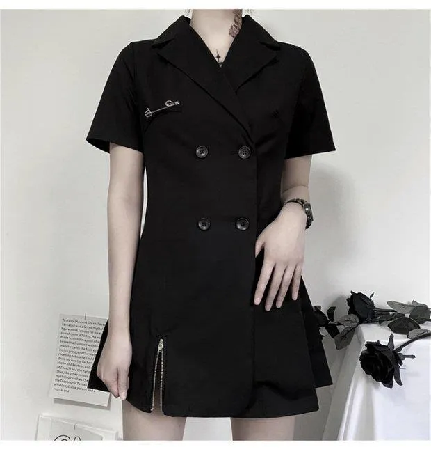 VenusFox Gothic Punk Blazer Dress Women Summer Streetwear Goth Harajuku Korean Fashion Black Mini Dress Staple Short Sleeve