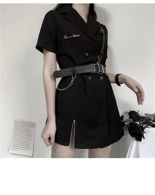 VenusFox Gothic Punk Blazer Dress Women Summer Streetwear Goth Harajuku Korean Fashion Black Mini Dress Staple Short Sleeve