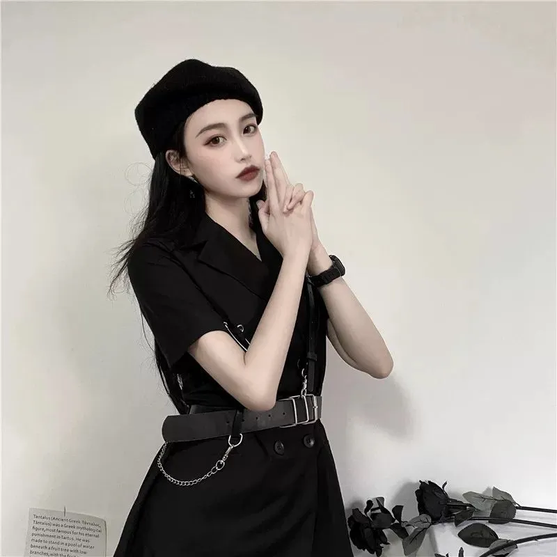 VenusFox Gothic Punk Blazer Dress Women Summer Streetwear Goth Harajuku Korean Fashion Black Mini Dress Staple Short Sleeve