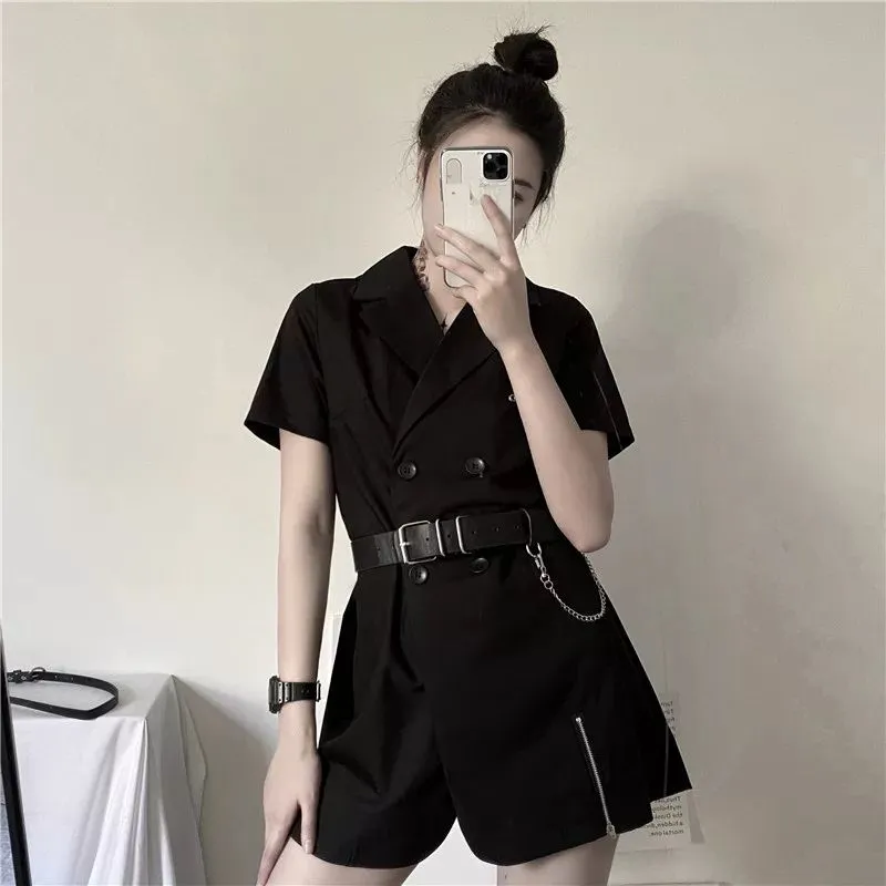 VenusFox Gothic Punk Blazer Dress Women Summer Streetwear Goth Harajuku Korean Fashion Black Mini Dress Staple Short Sleeve