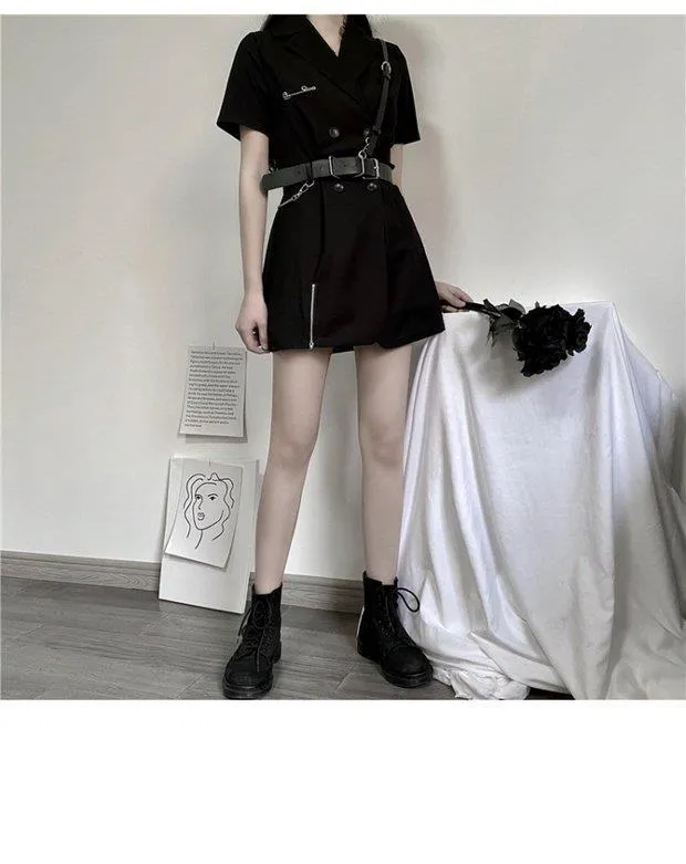 VenusFox Gothic Punk Blazer Dress Women Summer Streetwear Goth Harajuku Korean Fashion Black Mini Dress Staple Short Sleeve