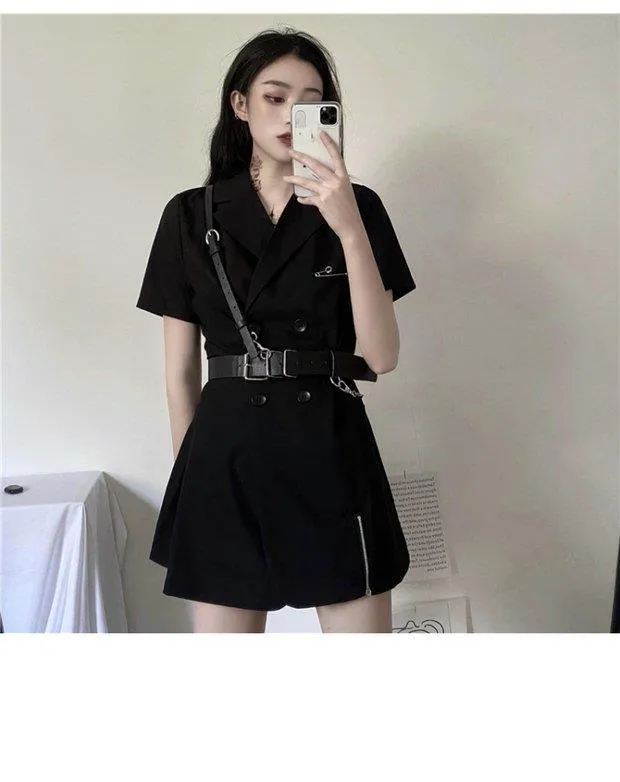 VenusFox Gothic Punk Blazer Dress Women Summer Streetwear Goth Harajuku Korean Fashion Black Mini Dress Staple Short Sleeve