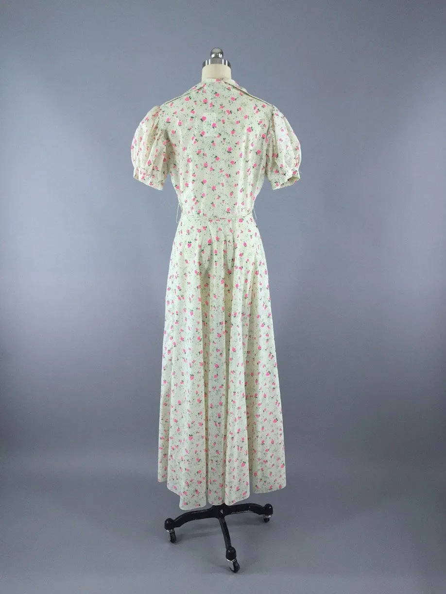 Vintage 1940s White Floral Print Maxi Dress