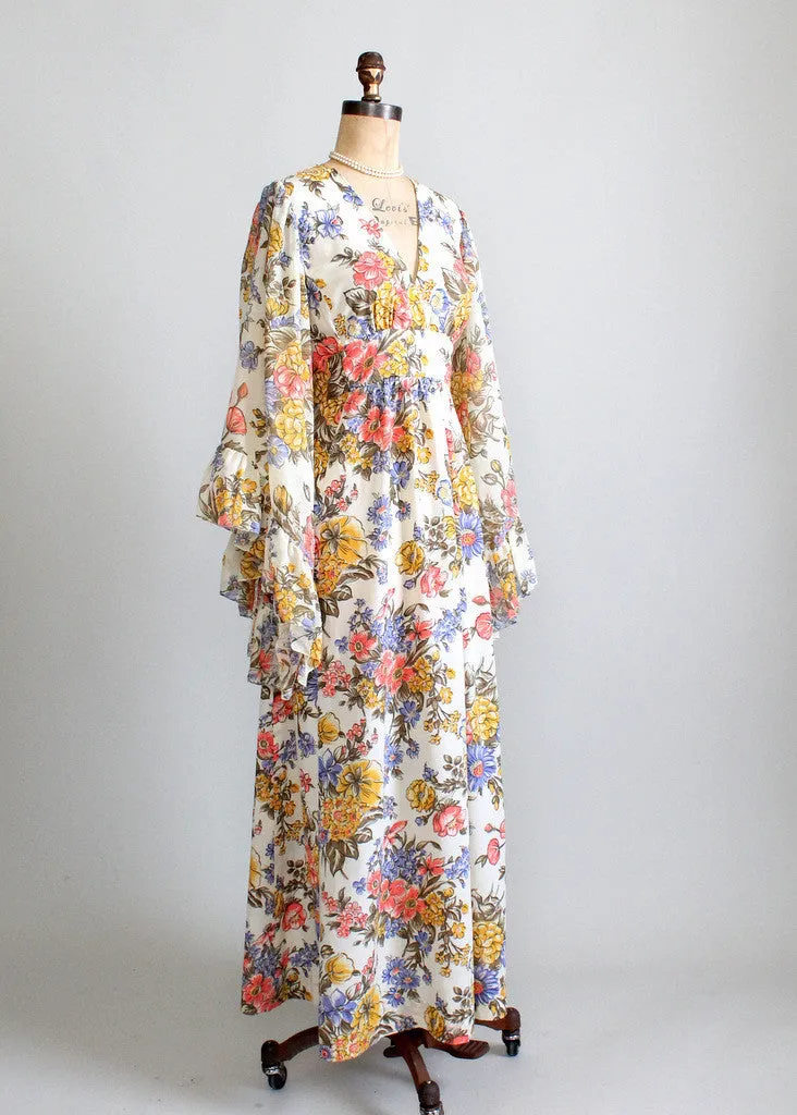 Vintage 1960s Bell Sleeve Floral Festival Maxi Dress