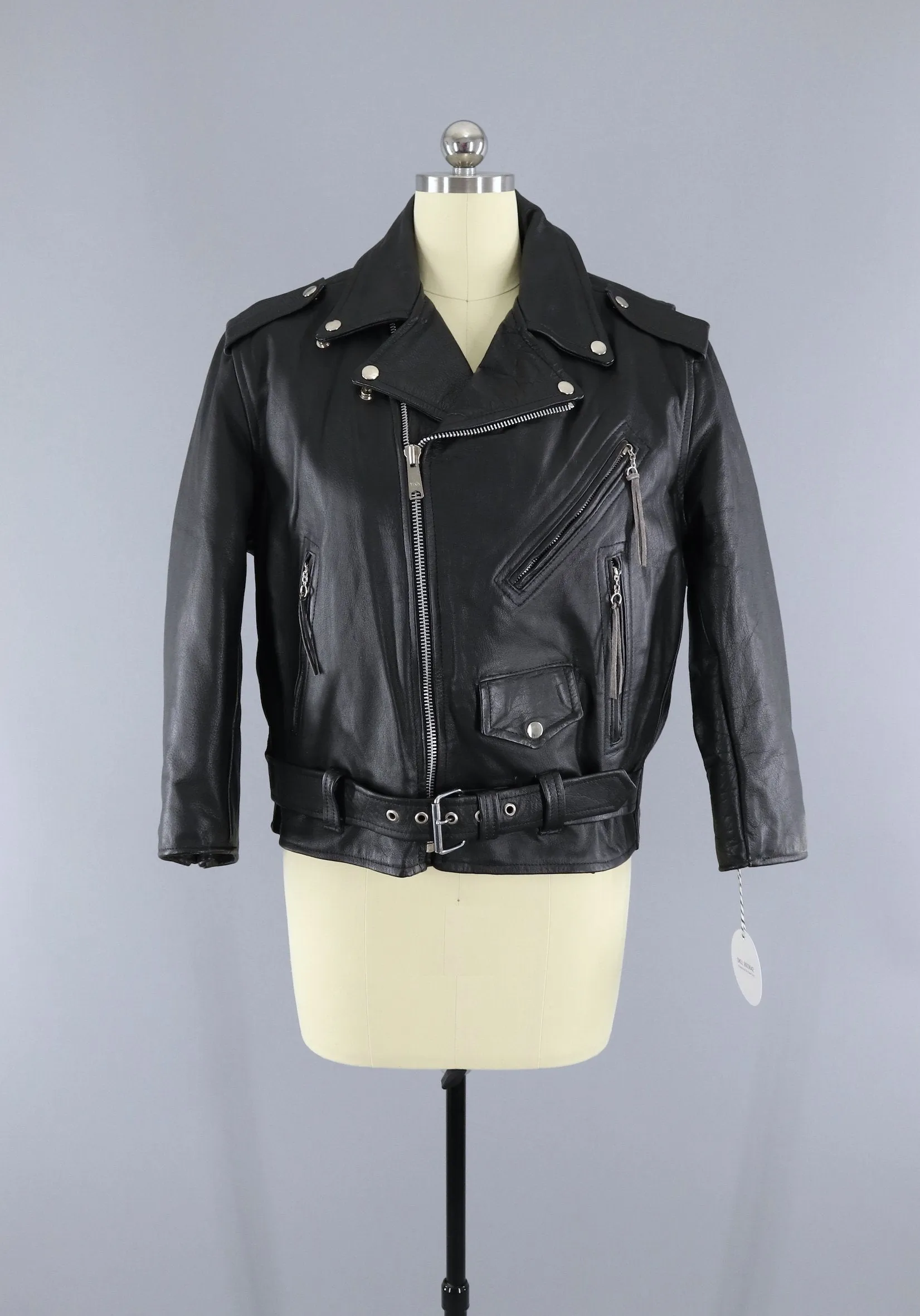 Vintage 1970s ICS Black Leather Biker Motorcycle Jacket