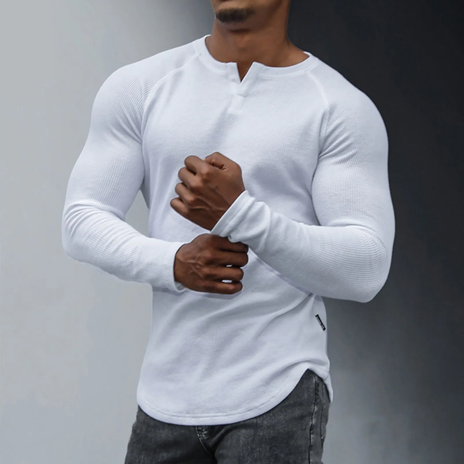 WAFFLE HENLEY NECK LONG SLEEVE T-SHIRT