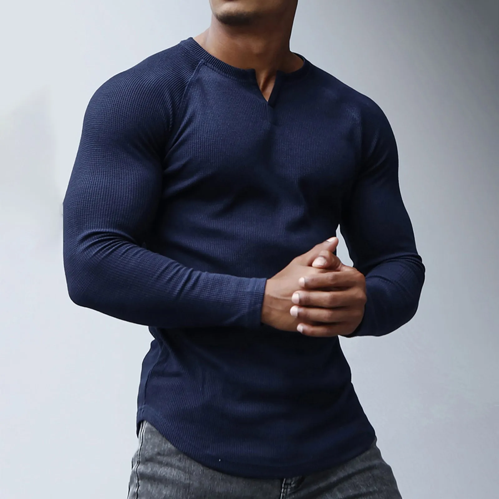 WAFFLE HENLEY NECK LONG SLEEVE T-SHIRT