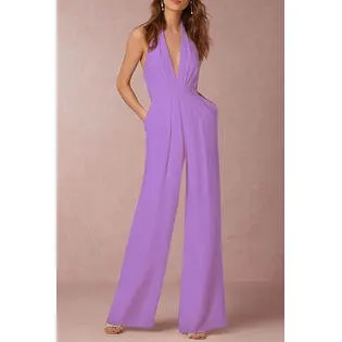 Women Backless Halter Neck Loose Zipper Jumpsuit - C13477ZWJ