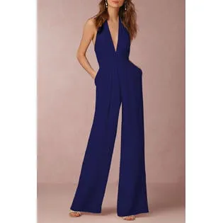 Women Backless Halter Neck Loose Zipper Jumpsuit - C13477ZWJ