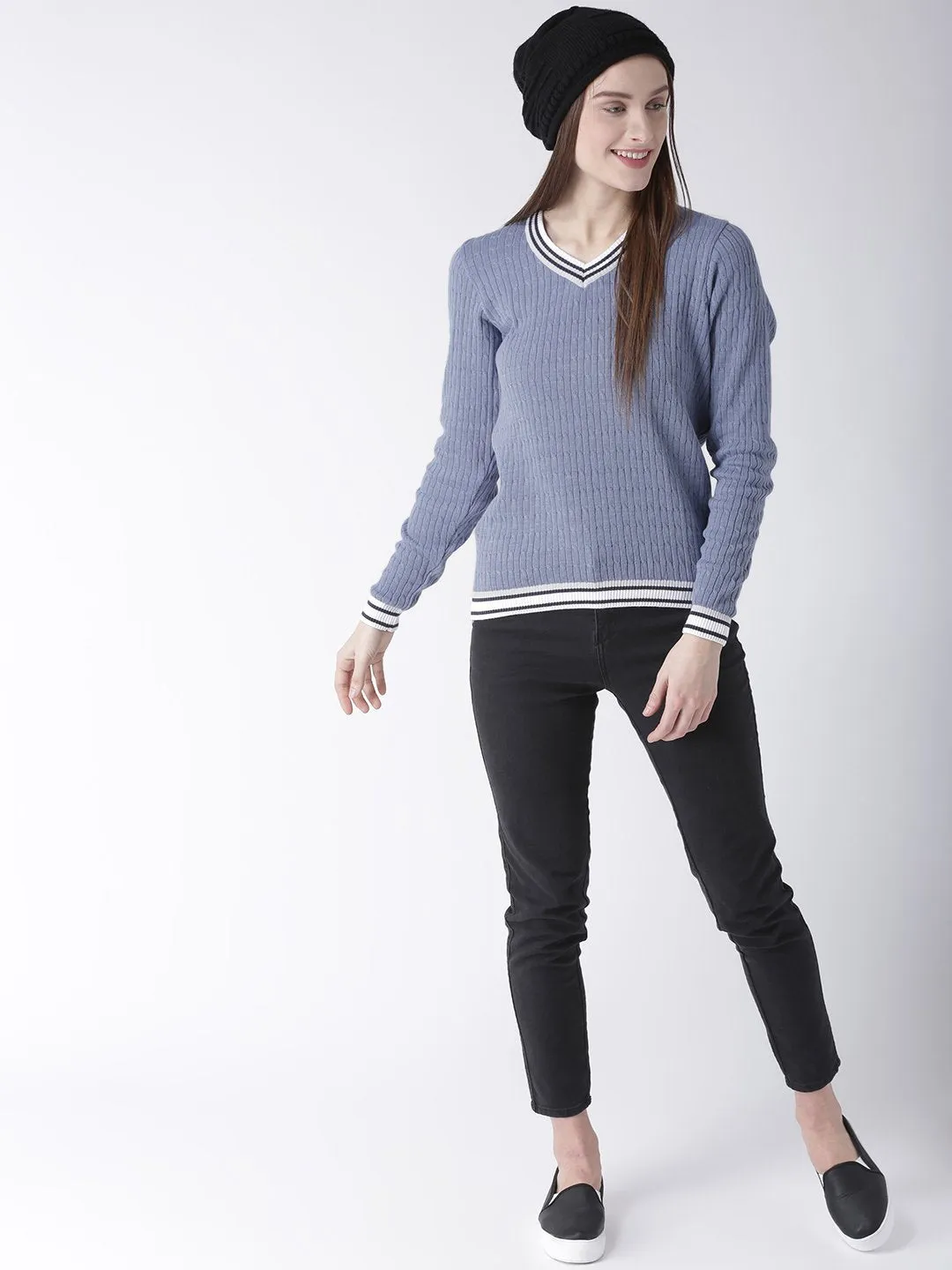 Women Cotton Casual Long Sleeve  Blue Winter Sweaters