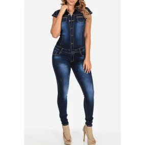 Women Elegant Denim Collar Neck Button Closure Jumpsuit - WJC63571