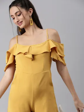 Women Shoulder Straps Solid Mustard Playsuit