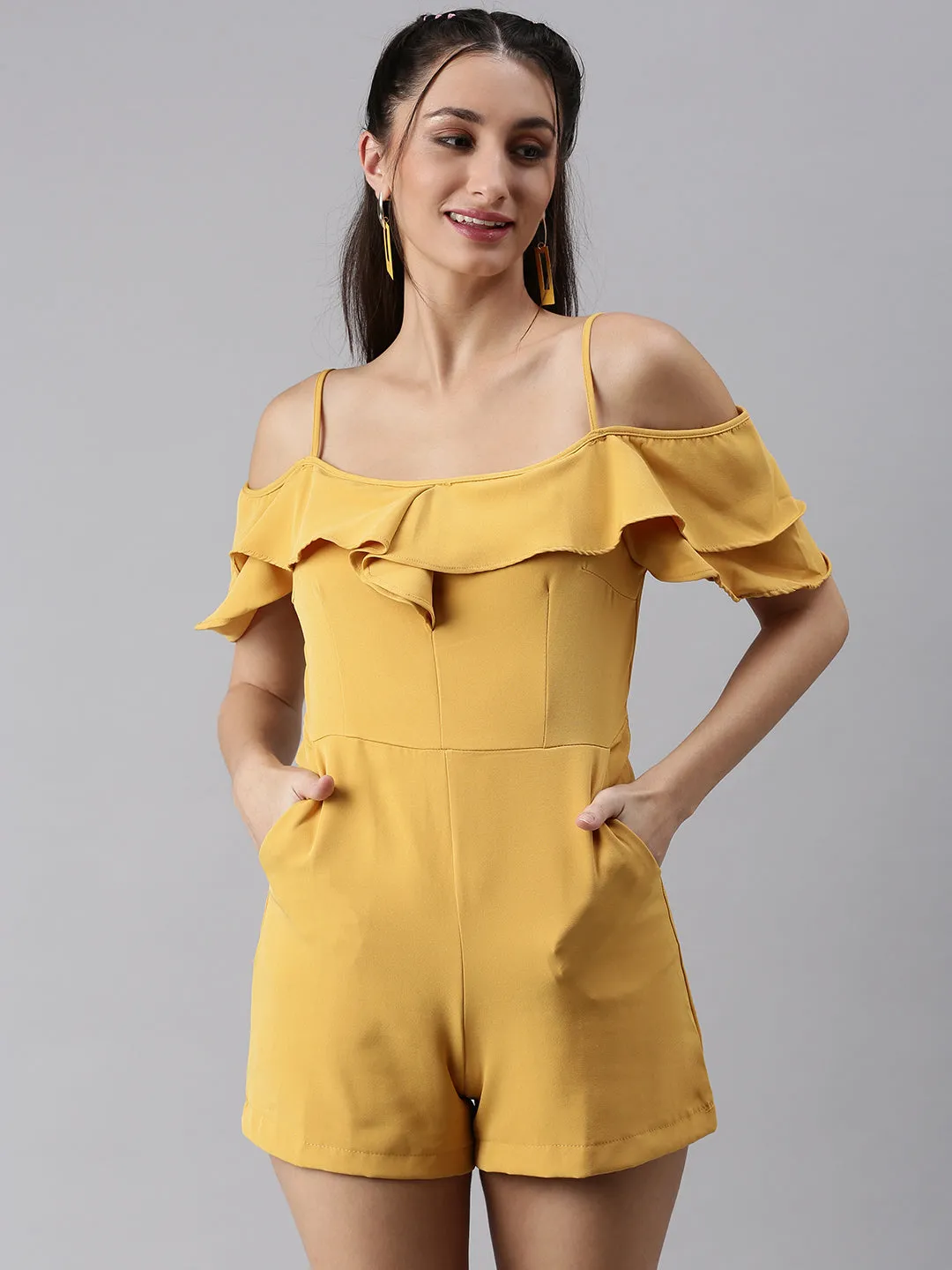 Women Shoulder Straps Solid Mustard Playsuit