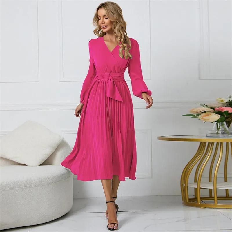 Women Slim Pleated Belt Dress V-neck Ruffle Long Sleeve A-Line Dress - WD8078