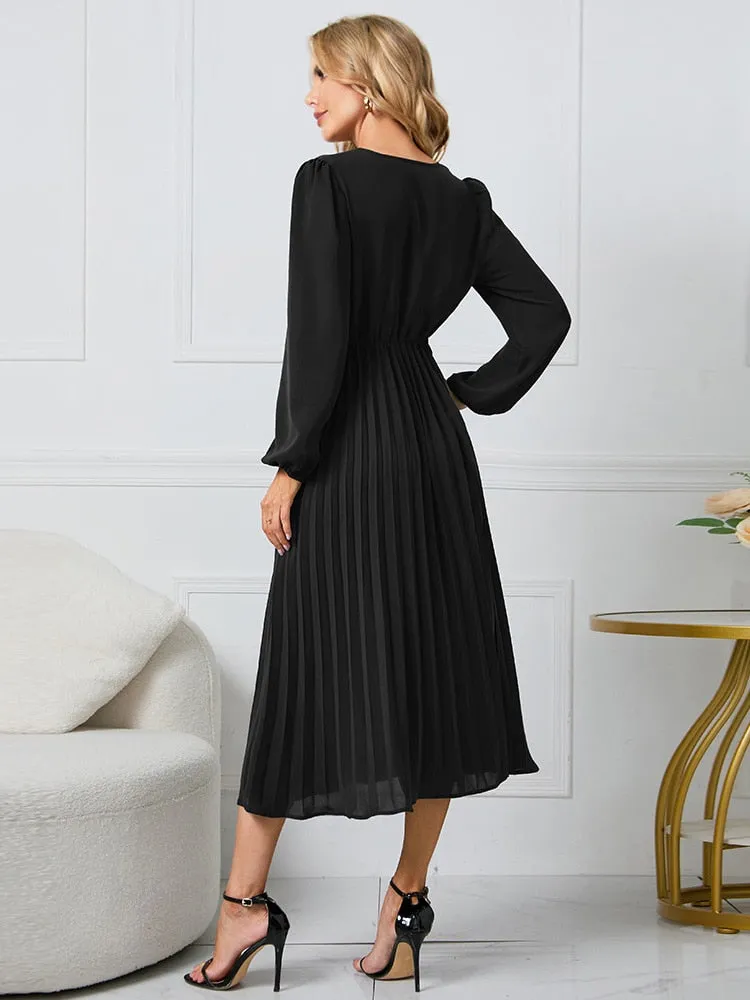 Women Slim Pleated Belt Dress V-neck Ruffle Long Sleeve A-Line Dress - WD8078