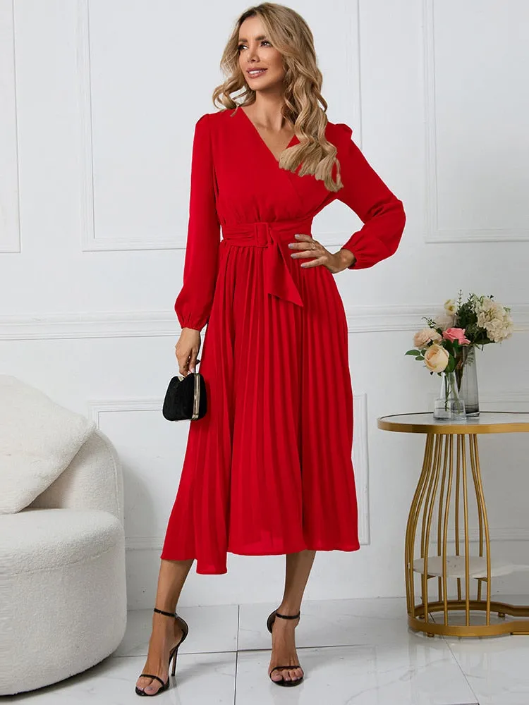 Women Slim Pleated Belt Dress V-neck Ruffle Long Sleeve A-Line Dress - WD8078