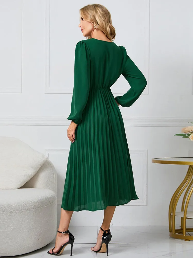 Women Slim Pleated Belt Dress V-neck Ruffle Long Sleeve A-Line Dress - WD8078