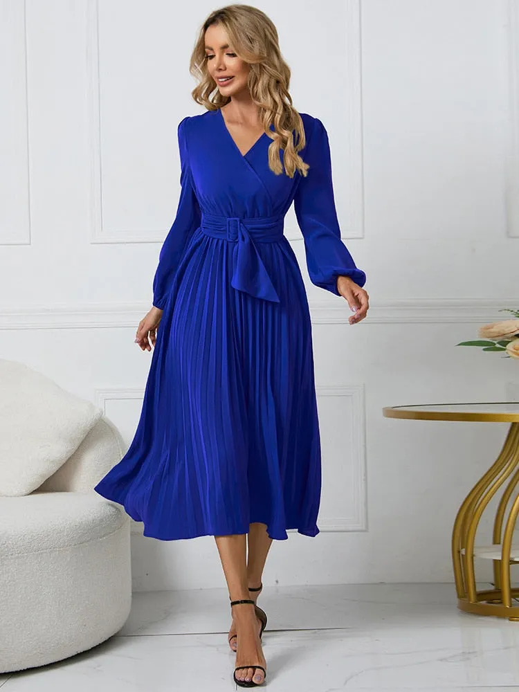 Women Slim Pleated Belt Dress V-neck Ruffle Long Sleeve A-Line Dress - WD8078