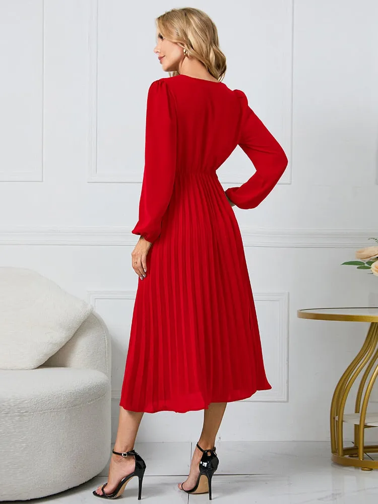 Women Slim Pleated Belt Dress V-neck Ruffle Long Sleeve A-Line Dress - WD8078