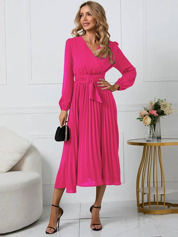 Women Slim Pleated Belt Dress V-neck Ruffle Long Sleeve A-Line Dress - WD8078