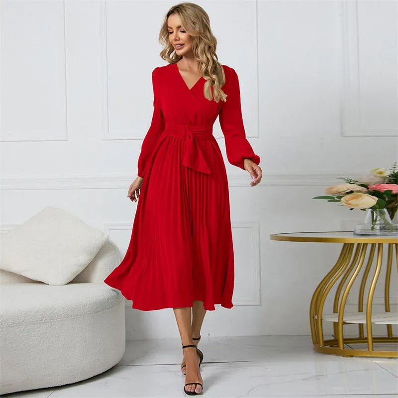 Women Slim Pleated Belt Dress V-neck Ruffle Long Sleeve A-Line Dress - WD8078