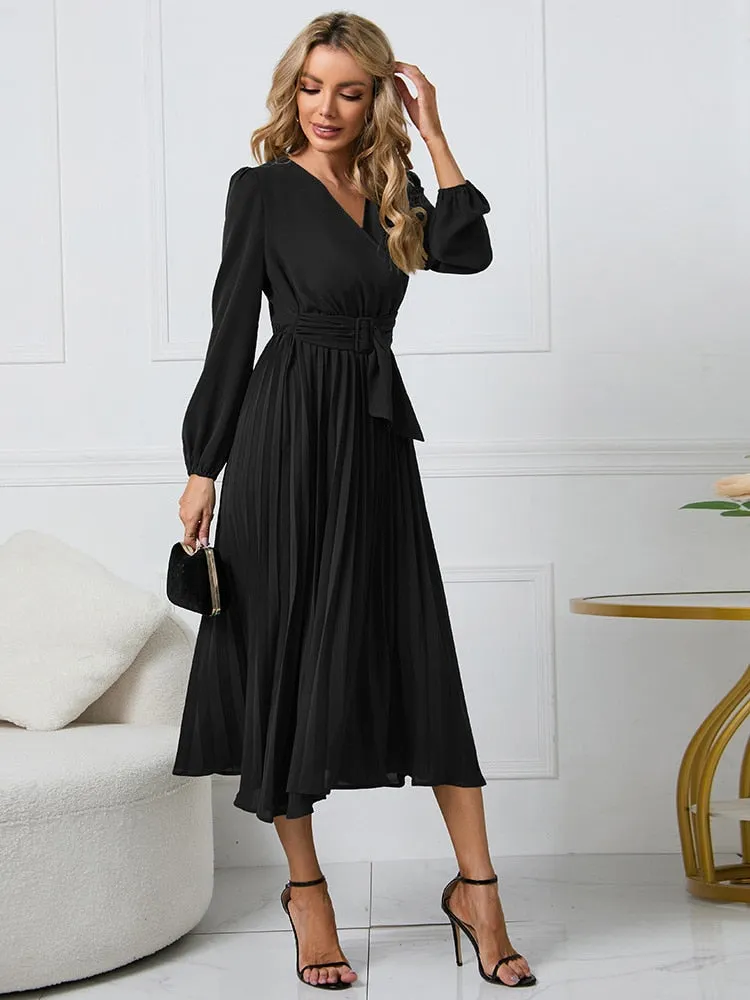 Women Slim Pleated Belt Dress V-neck Ruffle Long Sleeve A-Line Dress - WD8078