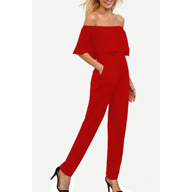 Women Solid Color Ruffled Decorated Off Shoulder Jumpsuit - WJC63726