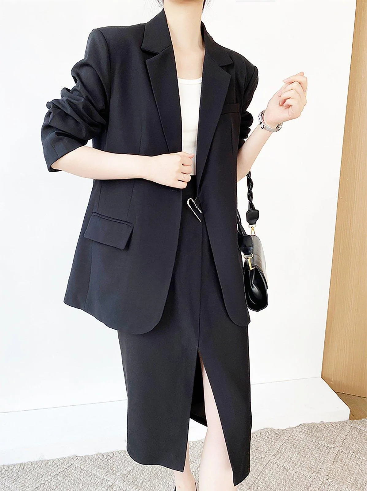 Women's Black large metal lock blazer oversize casual suit Coat,Loose one button Blazer Coat,Oversize Blazer,Black Suit Lady outerwear