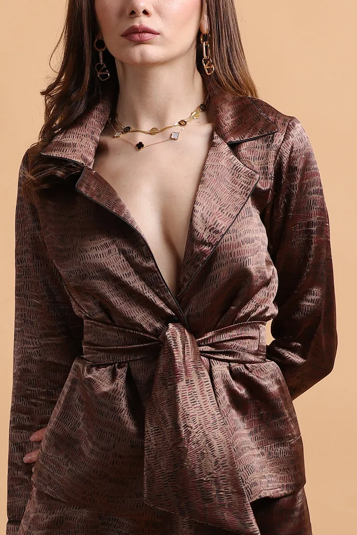 Women's Satin Brown with Belt Blazer