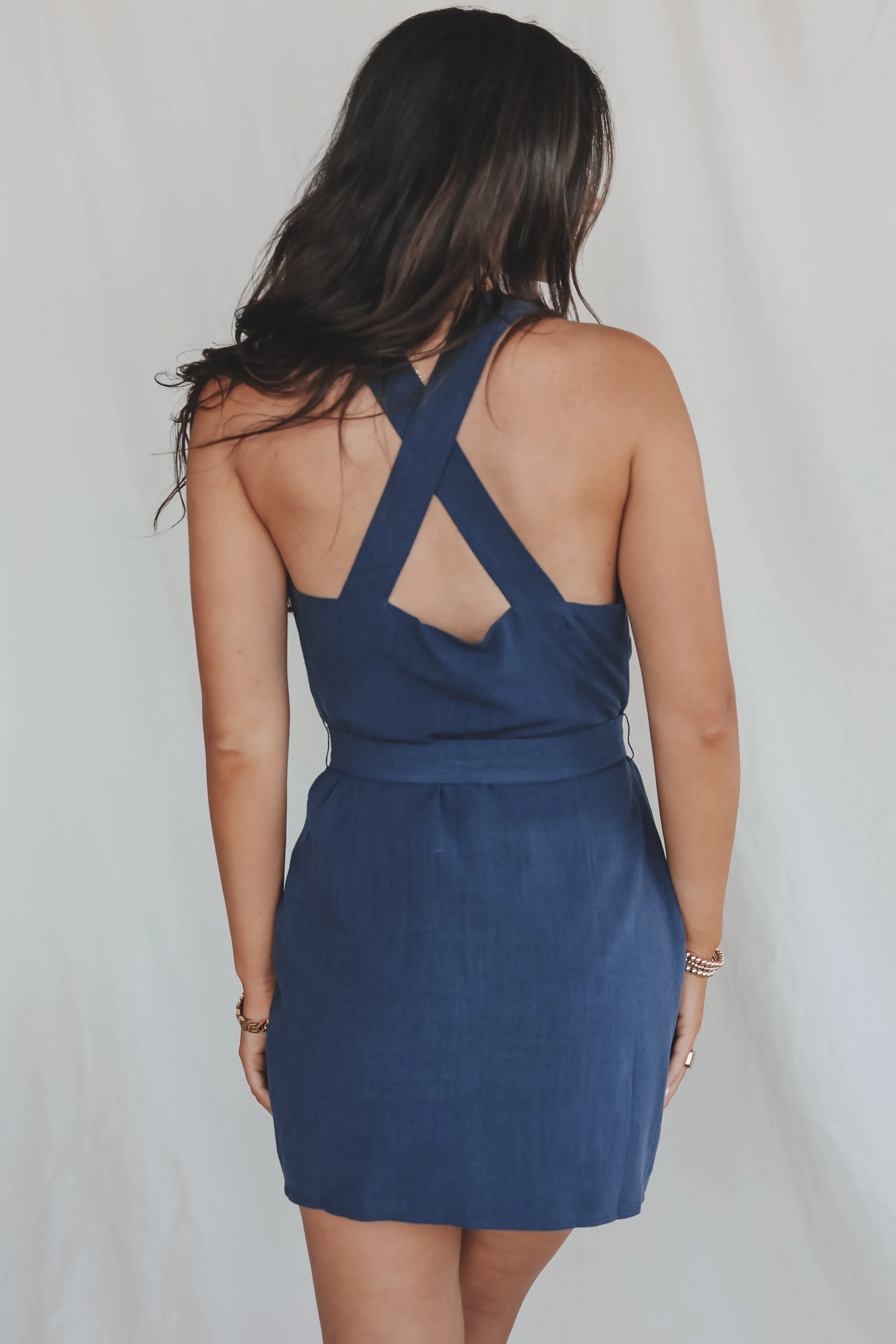 Wondering In The Waves Wrap Navy Dress